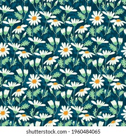 Cute daisy ditsy print. Chamomile romantic seamless pattern for background, fabric, textile, wrap, surface, web and print design. Summer fileld floral vector tile rapport.