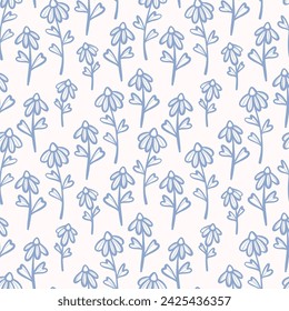 Cute daisy doodle pattern, seamless repeating backgorund, blue flower illustrations, spring print