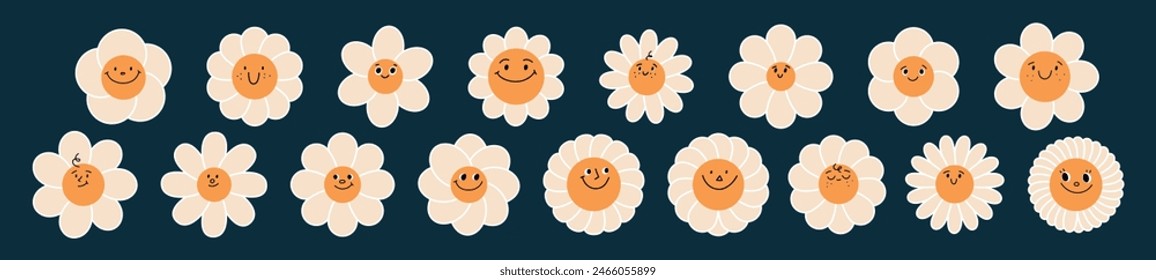 Cute daisy face with happy smile, groovy retro style. 70s hippy icon, kawaii cartoon character. Sunflower and chamomile flower pattern . Floral sticker for kids. Flat vector illustration isolated