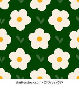 Cute daisy floral seamless pattern. Vector seamless surface pattern on dark green background.