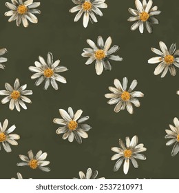 Padrão de aquarela sem costura floral margarida bonito com fundo de aquarela. Ilustração de vetor de flor. Impressão aquarela em estilo vintage rústico, têxtil ou papéis de parede.