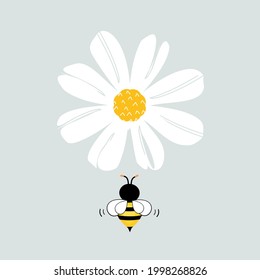Cute daisy flower and bee cartoon on pastel background vector illustration.