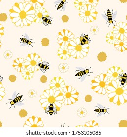Cute daisy flower and bees seamless pattern