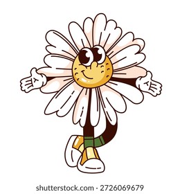 Carácter lindo de la flor de la margarita con la cara sonriente, los pétalos blancos y los brazos y las piernas de la historieta. Mascota floral alegre en estilo groovy juguetón, Ilustración vectorial de dibujos animados aislados.