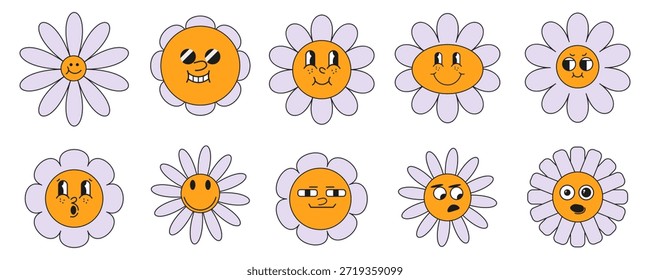 Personagens de flores de margaridas bonitas com faces de desenhos animados expressivos. Flores ilustradas brincalhonas mostrando diferentes emoções e humores