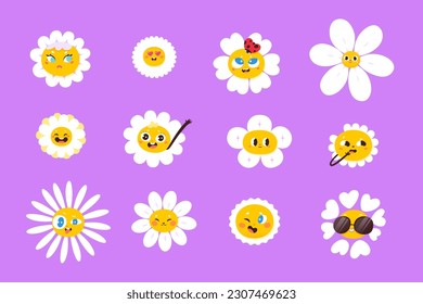 Cute daisy flower characters set vector illustration. Cartoon isolated funny chamomile faces smile and wink, with hearts or sunglasses on eyes and ladybug on white petals, happy positive emotions