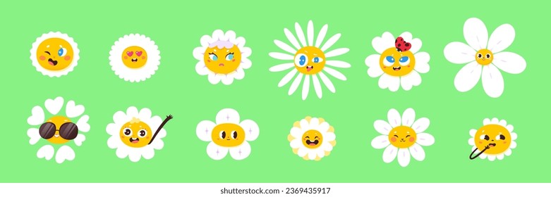 Los caracteres de flor de margarita mate establecen la ilustración vectorial. Caricatura aislada y graciosa camomila caras sonrisa y guiño, con corazones o gafas de sol en los ojos y mariquita en pétalos blancos, emociones positivas felices.