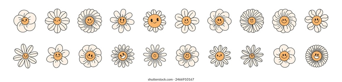 Cute daisy flower face with smiley emoji. Retro groovy cartoon character with happy expression. Y2K graphic sticker. Flat vector illustration isolated on white background.