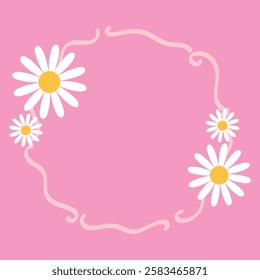 Cute Daisy Flower Frame on Pink Background
