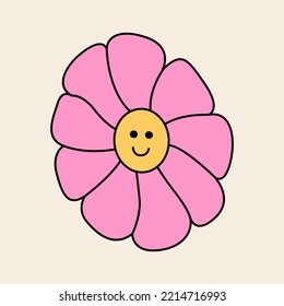 Cute daisy flower with funny face. Chamomiile flower vector illustration on isolated background. 