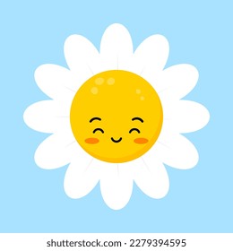 Cute daisy flower with happy face character. Chamomile fun emoji plant icon vector illustration. Kids camomile emoticon.