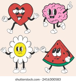 Cute daisy flower, heart, brain, watermelon. positive emotions. Vector illustration in retro style