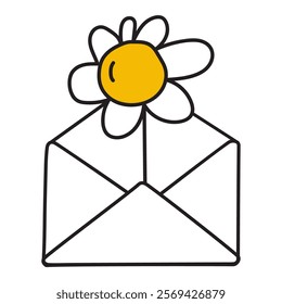 A cute daisy flower inside the envelope. Hand drawn design. Vector illustration on white background.