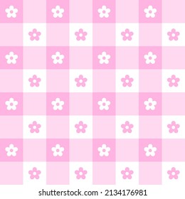 Cute Daisy Flower Pastel Pink Checkered Plaid Gingham Pattern Fondo Vector de dibujos animados Tablero de ilustración, Papel de envolvimiento de alfombras picnicas, Mat, Tejido, Tejido, Escarf.