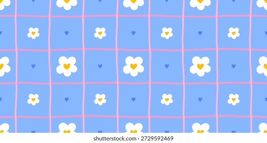 Lindo fondo sin fisuras de flor de margarita con pequeñas flores, corazones y textura de guinga. Ideal para textiles femeninos, envoltura de regalo y diseños florales románticos.