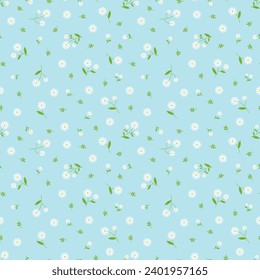 Cute daisy flower seamless pattern vector. Beautiful minimal floral pattern. White flower, green leaf and yellow pollen. Design for fabric, textile, skirt, shirt, card, cover, wrapping, dress, graphic