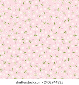 Cute daisy flower seamless pattern vector. Minimal floral pattern. White and pink flower, green leaf, yellow pollen. Design for fabric, textile, dress, skirt, shirt, scarf, card, cover, kid, graphic.