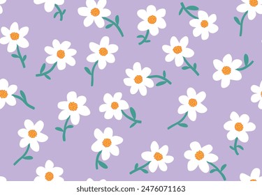 Cute daisy flower seamless pattern on purple backgrounds vector illustration.