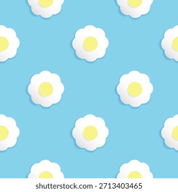 Cute Daisy Flower Seamless Pattern Paper Cut on Light Blue Background.
