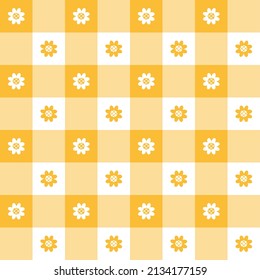 Cute Daisy Flower Sunflower Pastel Orange Plaid Gingham Pattern Fondo Vector de dibujos animados Tablero de ilustración, Papel de envolvimiento de alfombras picnicas, Mat, Tejido, Tejido, Escarf.