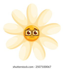 Cute daisy flower wearing glasses is smiling on white background