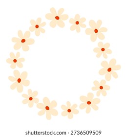 Cute daisy flower wreath frame in flat style. Simple floral circle for spring designs, invitations, greeting cards, wedding templates and feminine branding