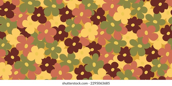 Cute daisy flowers in 70s style. Retro florals print, seamless pattern in bohemian vintage style. Vector illustration.