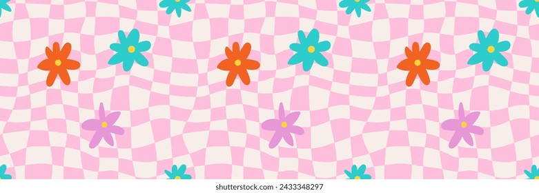 Cute daisy flowers on the distorted pink cage background. Groovy vector seamless pattern in y2k aesthetic. 90s, 00s style. Retro blossom backdrop
