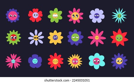 Cute daisy flowers, retro stickers collection. Happy 70s sun face, groovy hippie kids colorful botanical elements, geometric style flora, orange 60s love. Vector cartoon recent isolated set