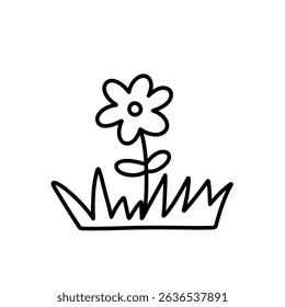 Cute daisy in the grass isolated on a white background. Vector hand-drawn illustration in doodle style. Perfect for decorations, logo, various designs.