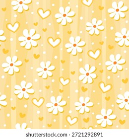 Cute Daisy and Heart Seamless Pattern on Pastel Yellow
