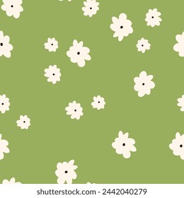 Cute daisy seamless pattern, cartoon flat vector illustration on green background. Spring floral pattern. Concepts of nature, meadow, summer.