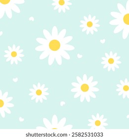 Cute daisy seamless pattern with little heart ornament on blue background. Can be used for wallpaper and party decoration. Floral vector design