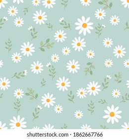 Cute daisy seamless pattern on pastel green background vector illustration. Pretty fashion print.