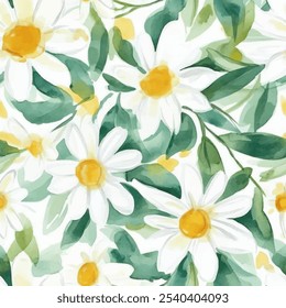 Lindo patrón de acuarela transparente floral blanco margarita con fondo de acuarela. Ilustración vectorial de flores. Impresión de acuarela en estilo rústico vintage, textil o Fondos de pantalla.