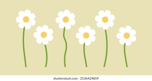 Cute daisy wildflower blanch collection for decor, easter, sticker, clipart, print.  Hand-drawn minimal flower plant illustration. Spring colorful flower elements vector. 