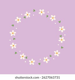 Cute daisy wreath with green hearts on a pastel background. Hand drawn floral circle in spring style. Perfect for greeting cards, kids designs and invitations.