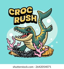 Cute Dakosaurus Dinosaur Aquatic Character Mascot in Cartoon Illustration