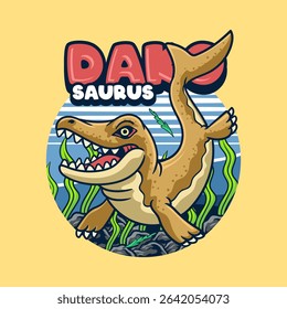 Cute Dakosaurus Dinosaur Aquatic Character Mascot in Cartoon Illustration
