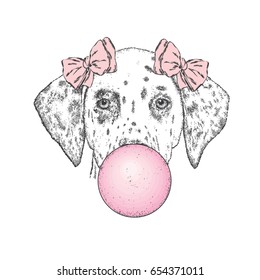 Cute dalmatain with gum. A beautiful dog puffs out a ball of gum. Purebred puppy. Vector illustration for a postcard or a poster, print for clothes.