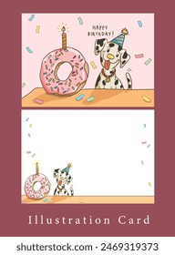 a cute Dalmatian dog with birthday hat and pink donut with orange candle on pink background, illustration birthday card decoration