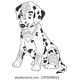 Cute dalmatian dog design. Animal coloring page with mandala and zentangle ornaments