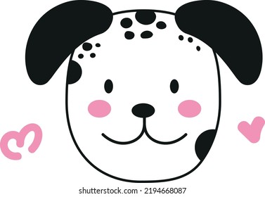 Cute Dalmatian dog isolated. Funny spotted puppy, pet character muzzle, children design. Animal is man's best friend concept. Flat cartoon vector illustration