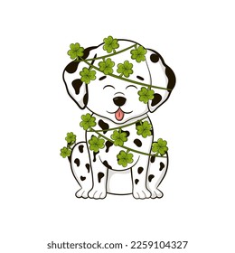 Cute dalmatian dog in lucky garland with shamrocks for St Patrick`s Day in cartooon style isolated on white background, design element for greeting cards or invitations