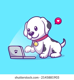 Cute Dalmatian Dog Playing Laptop Cartoon Vector Icon Illustration. Animal Technology Icon Concept Isolated Premium Vector. Flat Cartoon Style