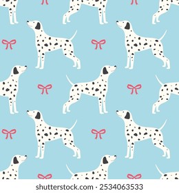 Cute Dalmatian dog seamless pattern vector illustration. Red bow ribbons and dog on blue background