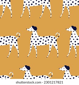 Cute dalmatian dogs hand drawn vector illustration. Funny animal character seamless pattern for kids fabric or wallpaper.