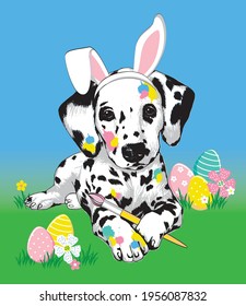 Cute Dalmatian puppy dog with rabbit ears, brush and easter eggs. Hand drawn vector illustration.