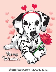 Perro adorable dálmata con flor de rosa roja y slogan son mi San Valentín. Ilustración vectorial dibujada a mano.