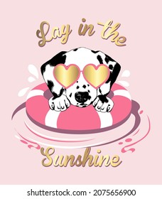 Cute Dalmatian puppy dog in sunglasses floats on rubber ring vector illustration print for t shirt.